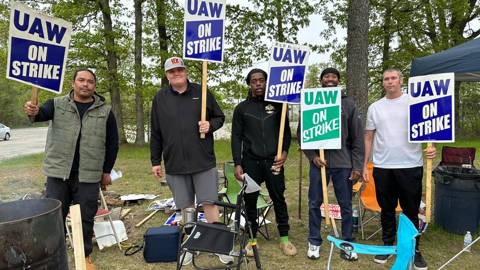 Striking workers at the Clarios plant on May 14, 2023