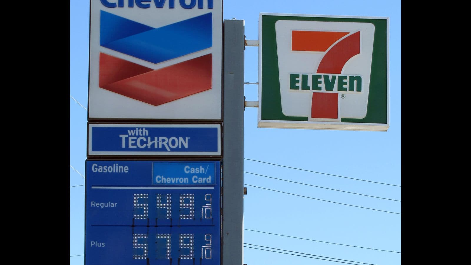 Chevron gas station sign with gasoline prices, November 2022, Los Angeles.