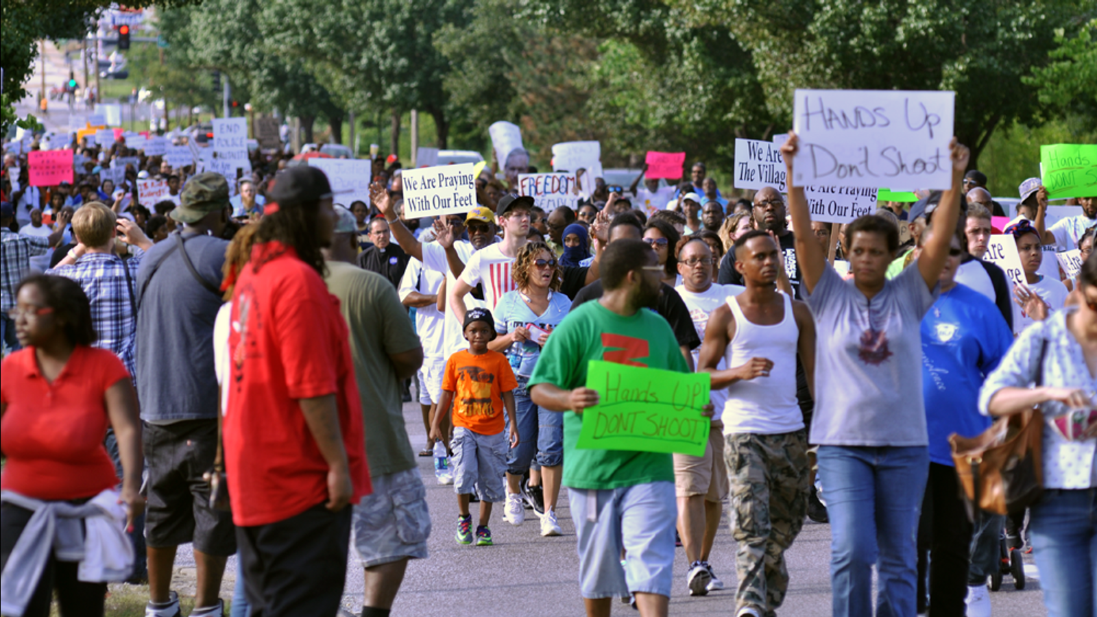 Protesters marching in Ferguson, August 15, 2014.