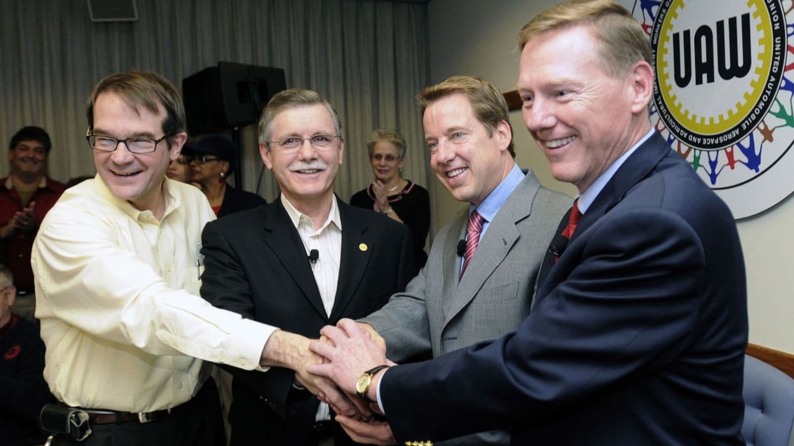 From left to right: Bob King, UAW Vice President; Ron Gettelfinger, UAW President; Bill Ford, Executive Chairman, Ford Motor Company; and Alan Mulally, President and CEO, Ford Motor Company.