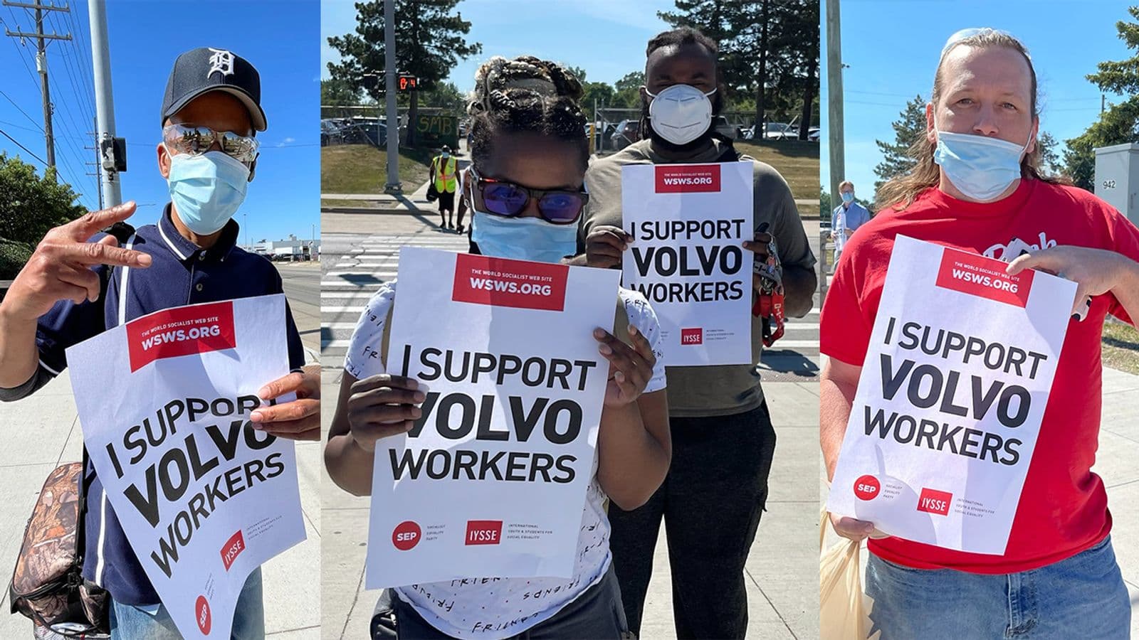Stellantis workers at Warren Truck Assembly plant hold signs to support the strike of Volvo workers in Dublin, Virginia, June 16, 2021 (WSWS Photo)