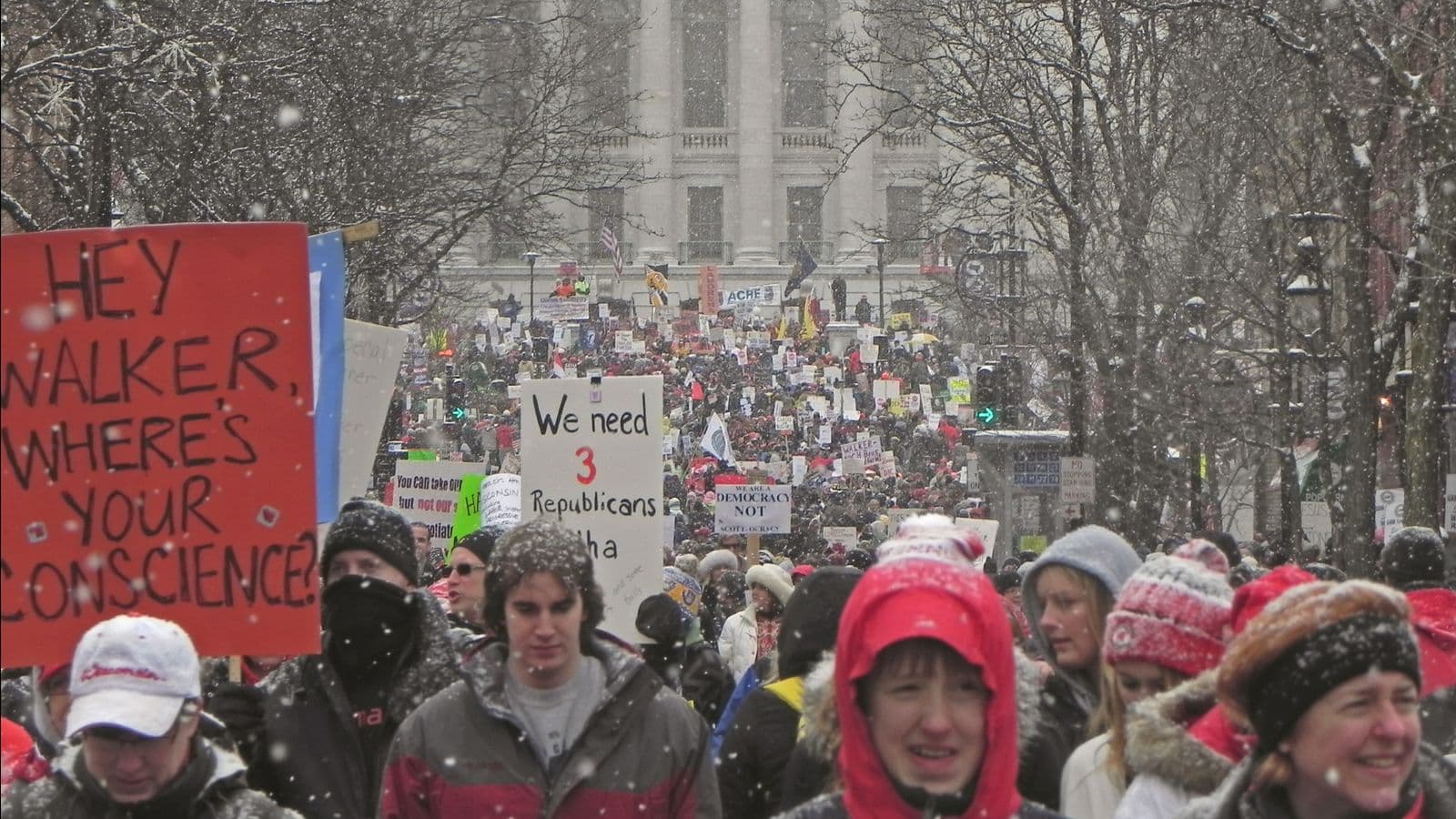 Thousands protest against Gov. Scott Walker's anti-worker legislation, February 2011.
