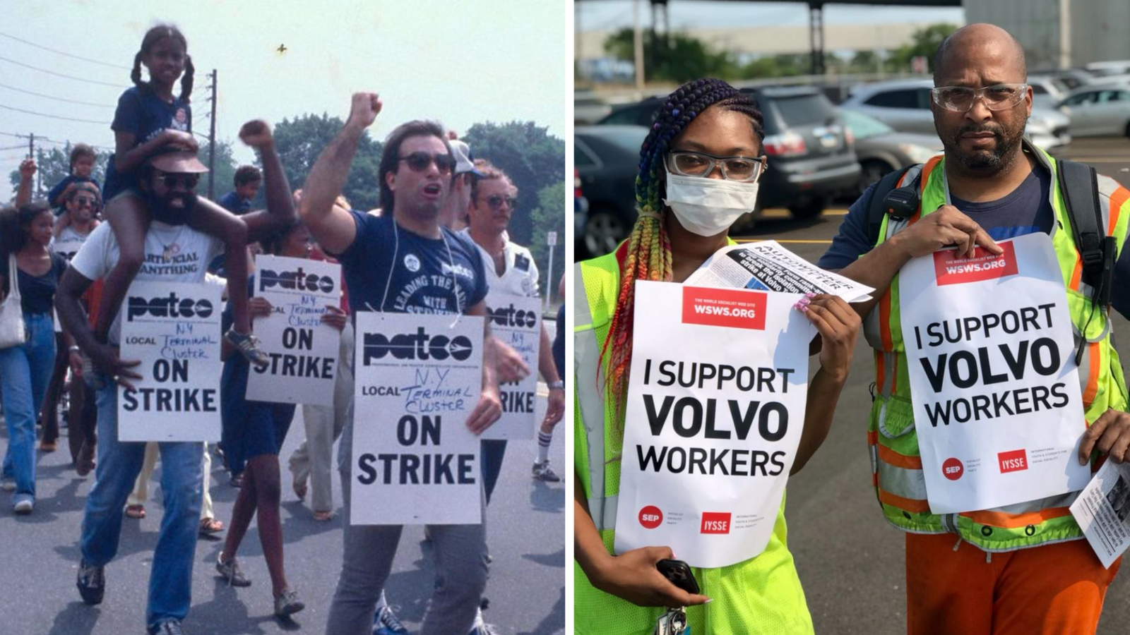 Left: PATCO strikers from the New York City area march during the first days of the strike in East Meadow, Long Island, Right: Chicago Ford workers supporting Volvo strikers